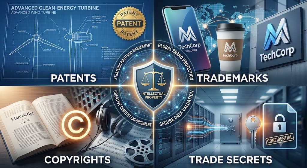 Patents, trademarks, copyrights and trade secrets illustration
